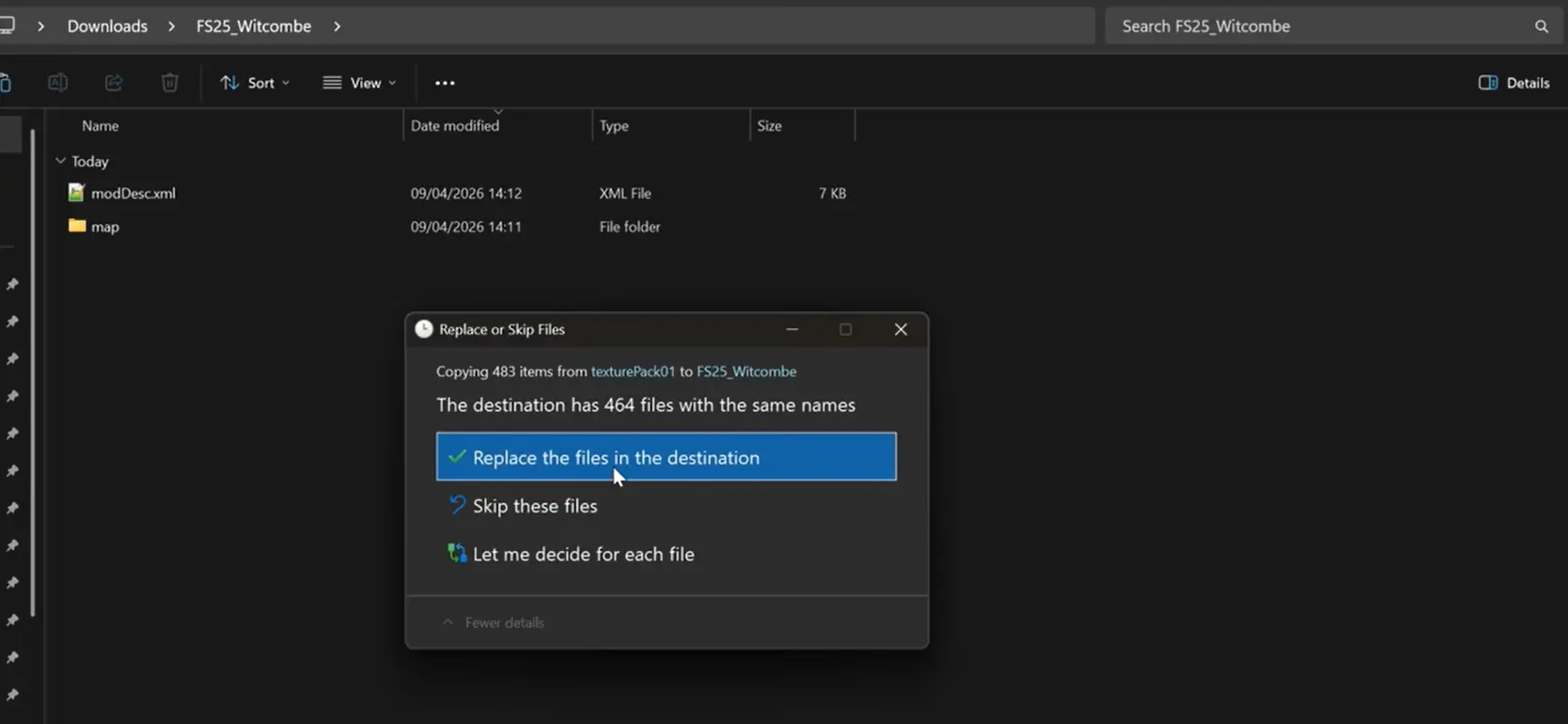Replace files prompt when pasting HD textures into FS25_Witcombe