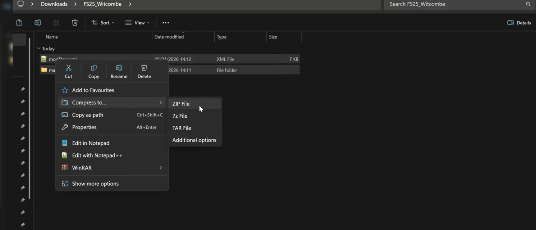 Compressing the FS25_Witcombe mod folder to a zip file at the correct folder level